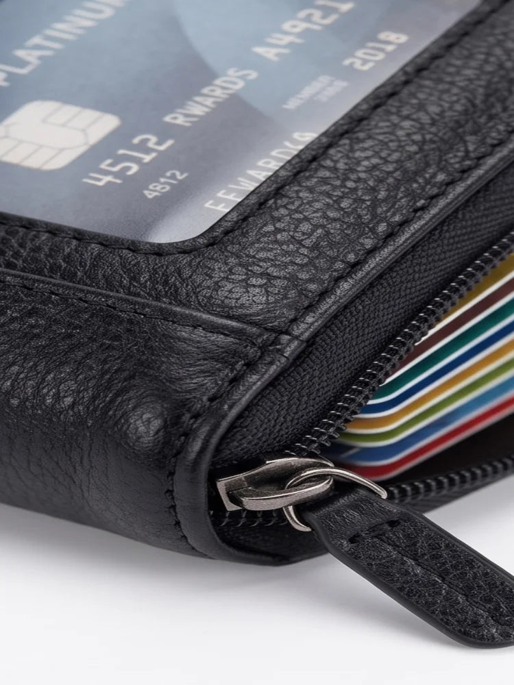 A black leather compact zipper card holder with a visible RFID chip and colorful cards inside.