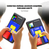 Hands hold a vivid slide puzzle game with colorful blocks and a timer, set against a white background.