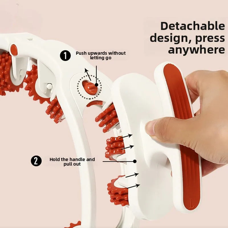 A white full body massage roller with red handles is shown demonstrating a detachable design for easy use.