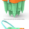 A green sand play set featuring an orange castle structure with a blue scoop and a yellow shovel.