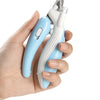 A hand holds a light blue LED pet nail clipper with a safety guard, ready for use.