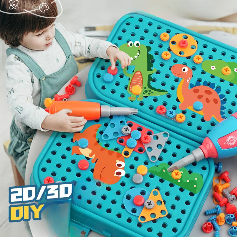 A child is using a pretend play repair tool kit with a power screwdriver to assemble plastic parts on a blue tray.