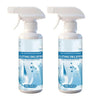 A bottle of clothing emulsifier spray with a white pump dispenser and blue liquid inside.