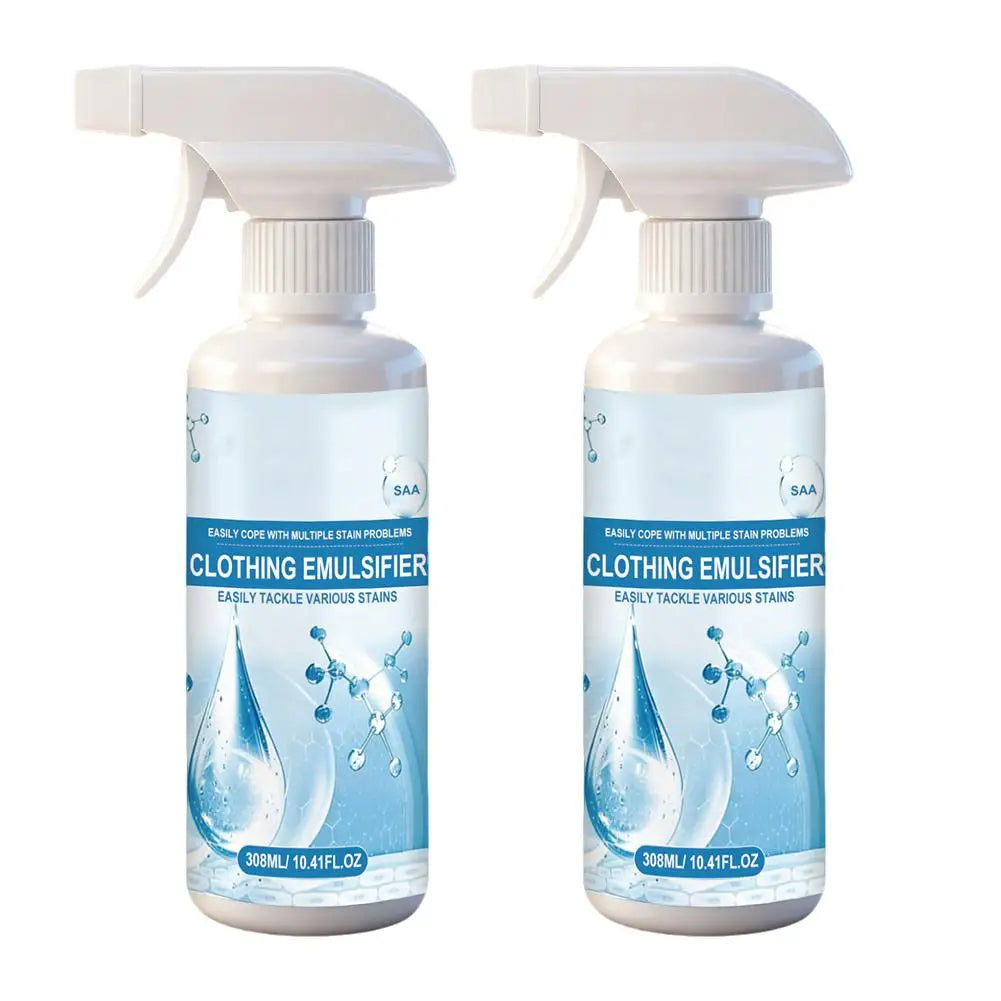 A bottle of clothing emulsifier spray with a white pump dispenser and blue liquid inside.