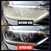 Before and after comparison of a car headlight restoration fluid removing yellowing and scratches from a vehicle headlight.