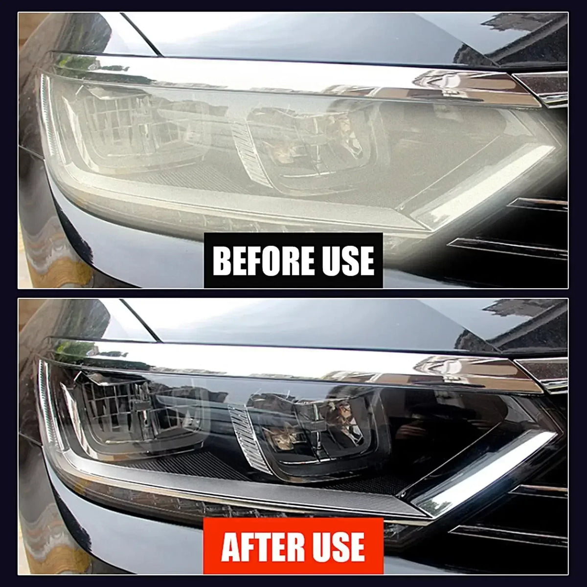 Before and after comparison of a car headlight restoration fluid removing yellowing and scratches from a vehicle headlight.