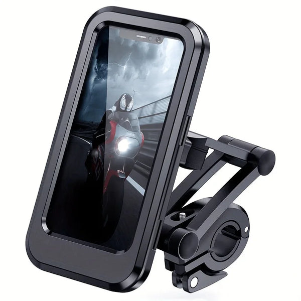 A black universal waterproof phone mount designed for bikes and motorcycles, featuring a 360-degree swivel mechanism.