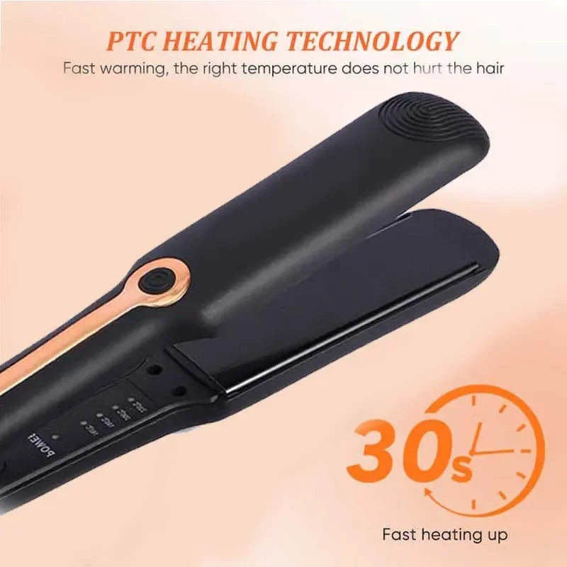 Plancha de pelo negra con detalles dorados, calentamiento rápido con tecnología PTC.