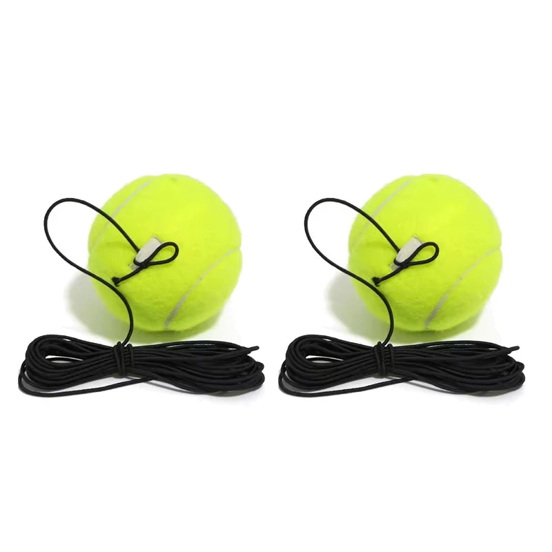Gul tennisøvelsesball med svart elastisk snor og stabil base.