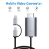 A silver mobile video converter device with a cable, shown next to its connector end.