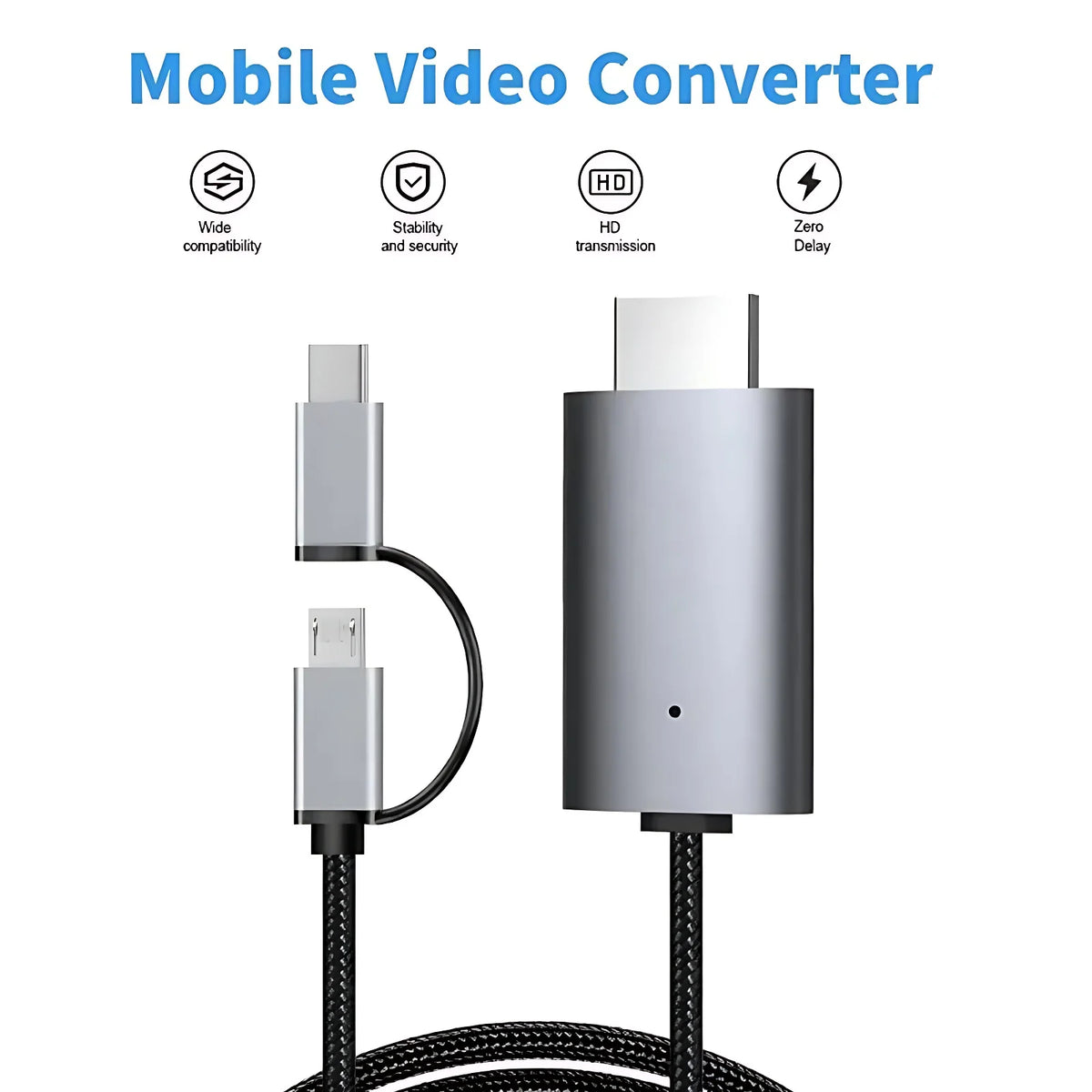 A silver mobile video converter device with a cable, shown next to its connector end.