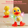 A yellow duck robot toy is shown standing, with flashing lights and musical notes floating around it.