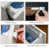 Images showing invisible design, built-in installation, magnetic unlock, and normally open function of cabinet safety locks.
