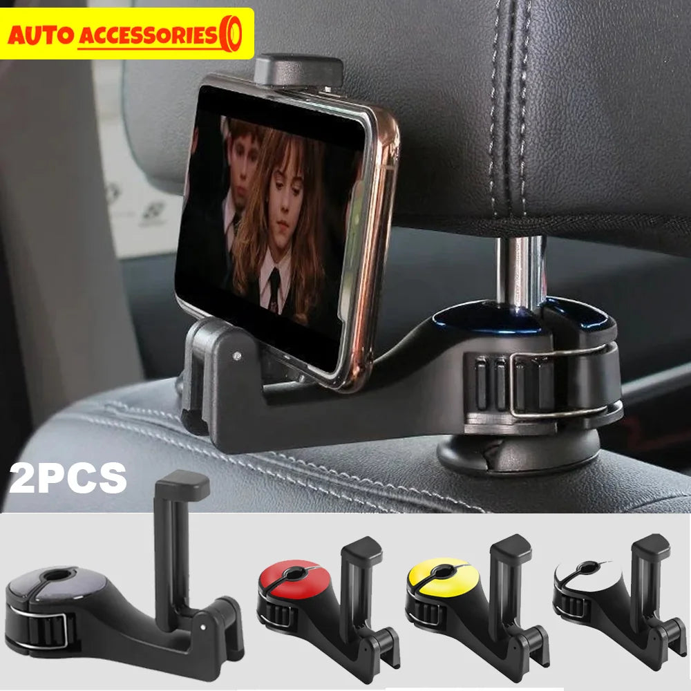 Dos ganchos negros para reposacabezas de auto y una pinza soporte para teléfono
