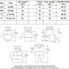 Diagrams showing measurements for a children's clothing set including shirts and pants.