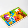 A wooden animal transport puzzle set featuring colorful wooden animals and shapes arranged on a light wood board.
