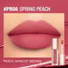 A close-up of a pink lip tint in peach apricot brown shade shown next to the product packaging.