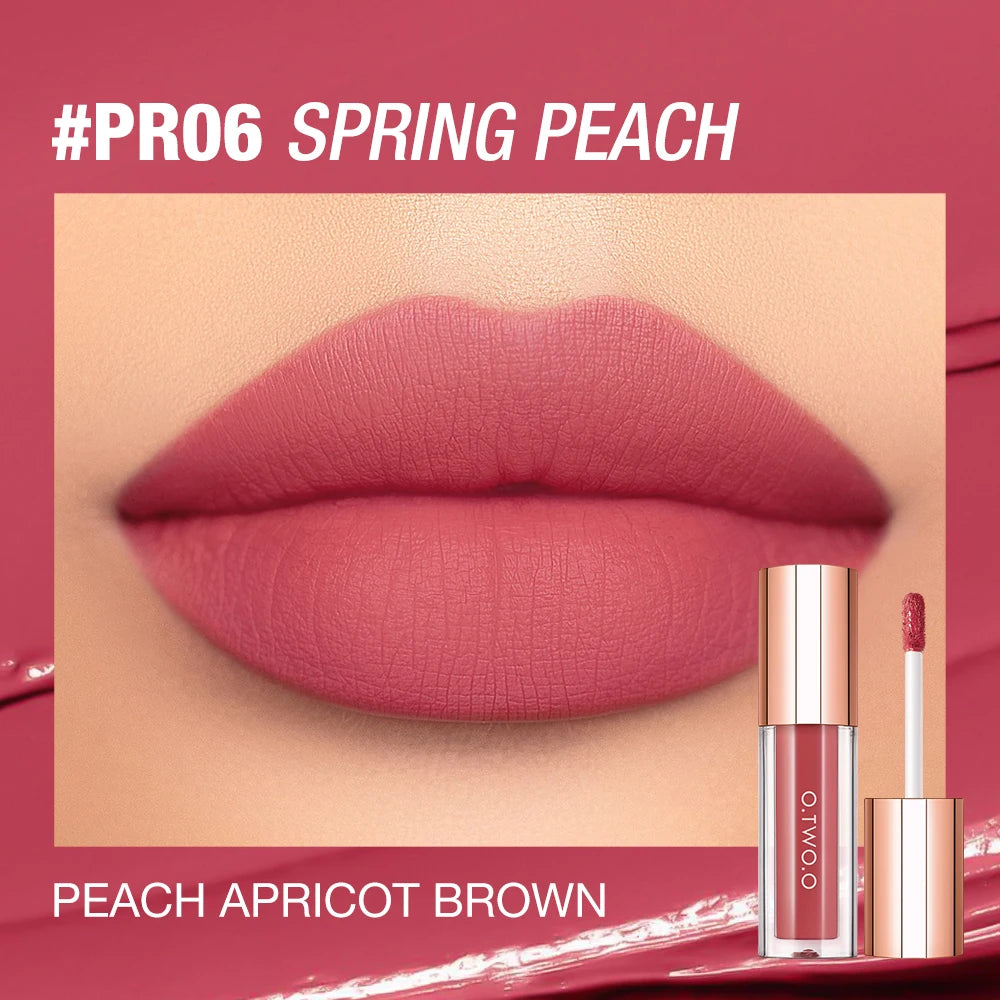 A close-up of a pink lip tint in peach apricot brown shade shown next to the product packaging.