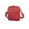 A red vintage vegan leather messenger bag with a gold-toned clasp and adjustable strap.