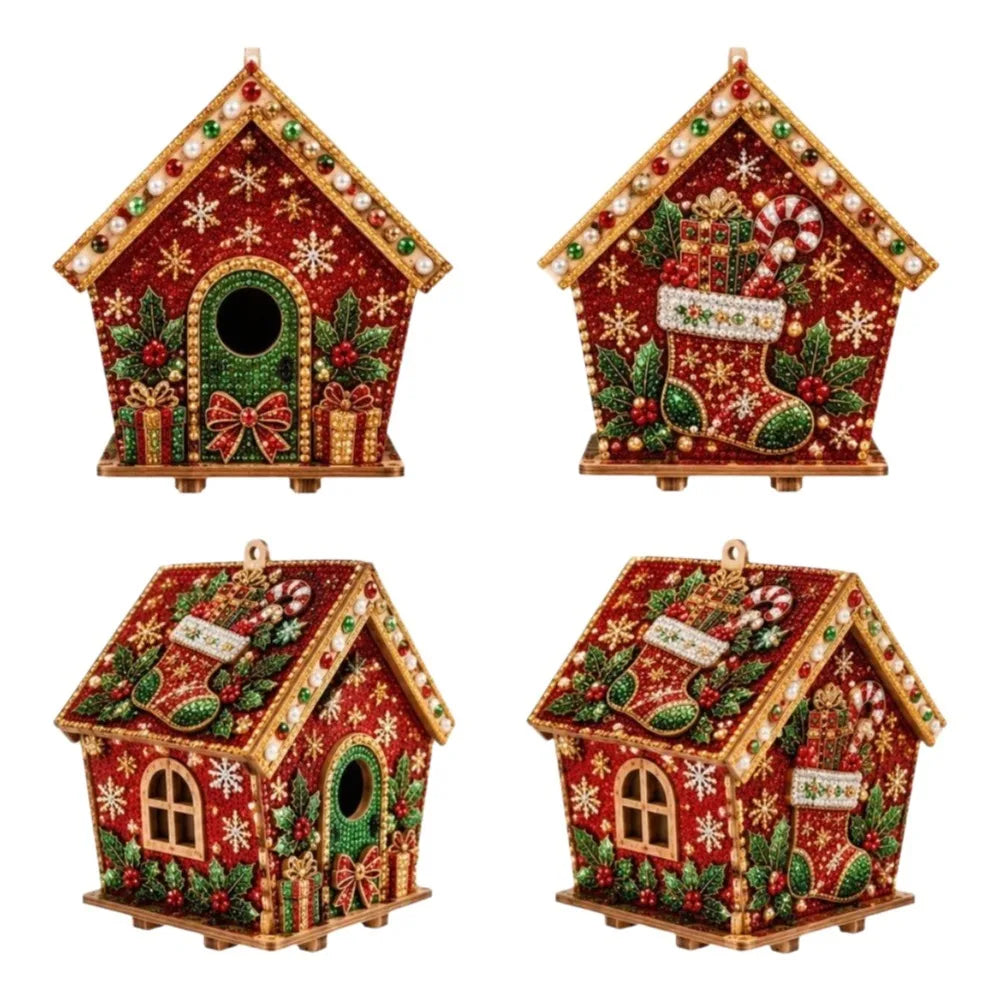 Sett med DIY-trehus-julepyntesett med rødt tre og grønne perler.