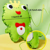 A bright green plush toy shaped like a crocodile or dinosaur, showing its size and features.