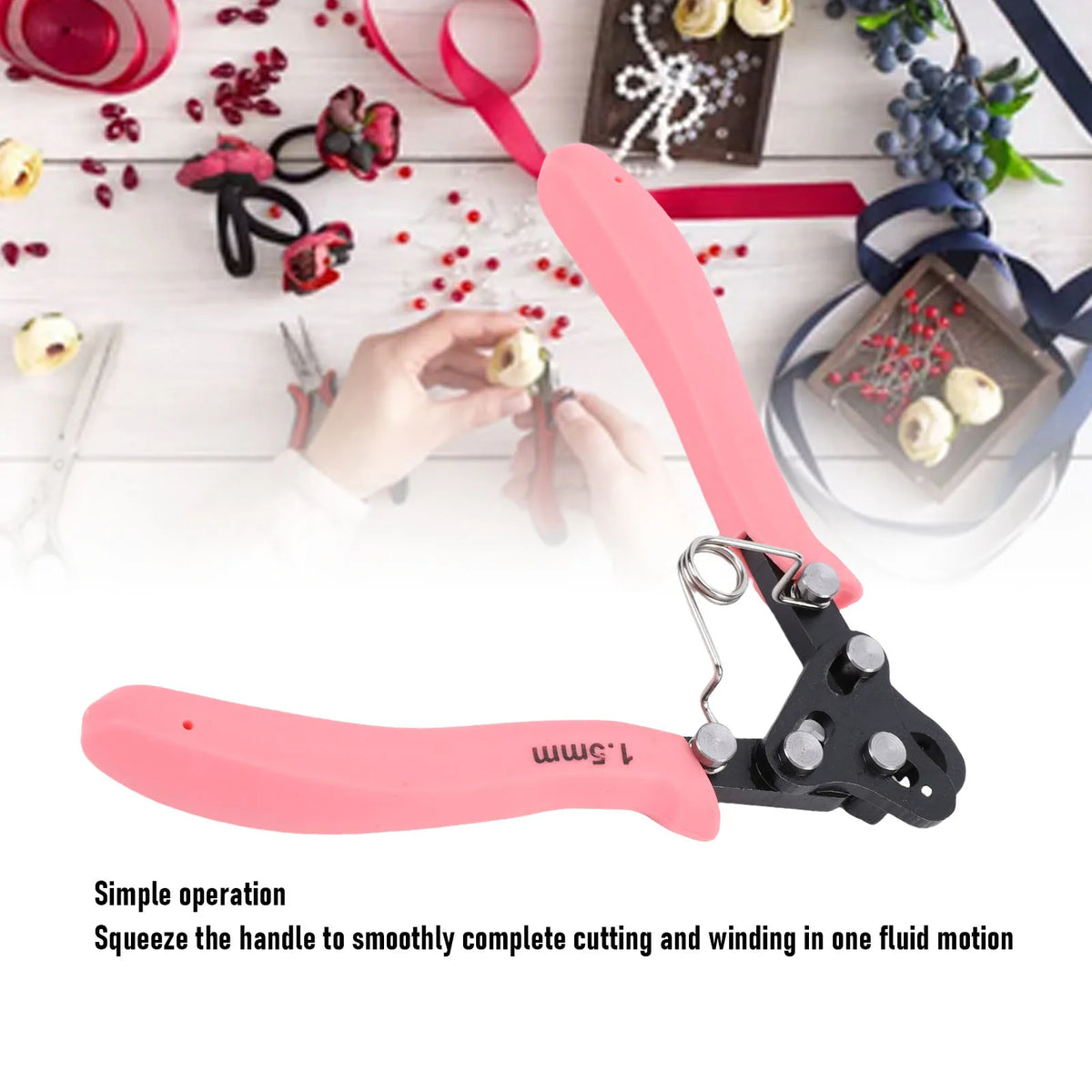 Pink and black one-step wire looping pliers for jewelry making with a handle and wire wrapping tool