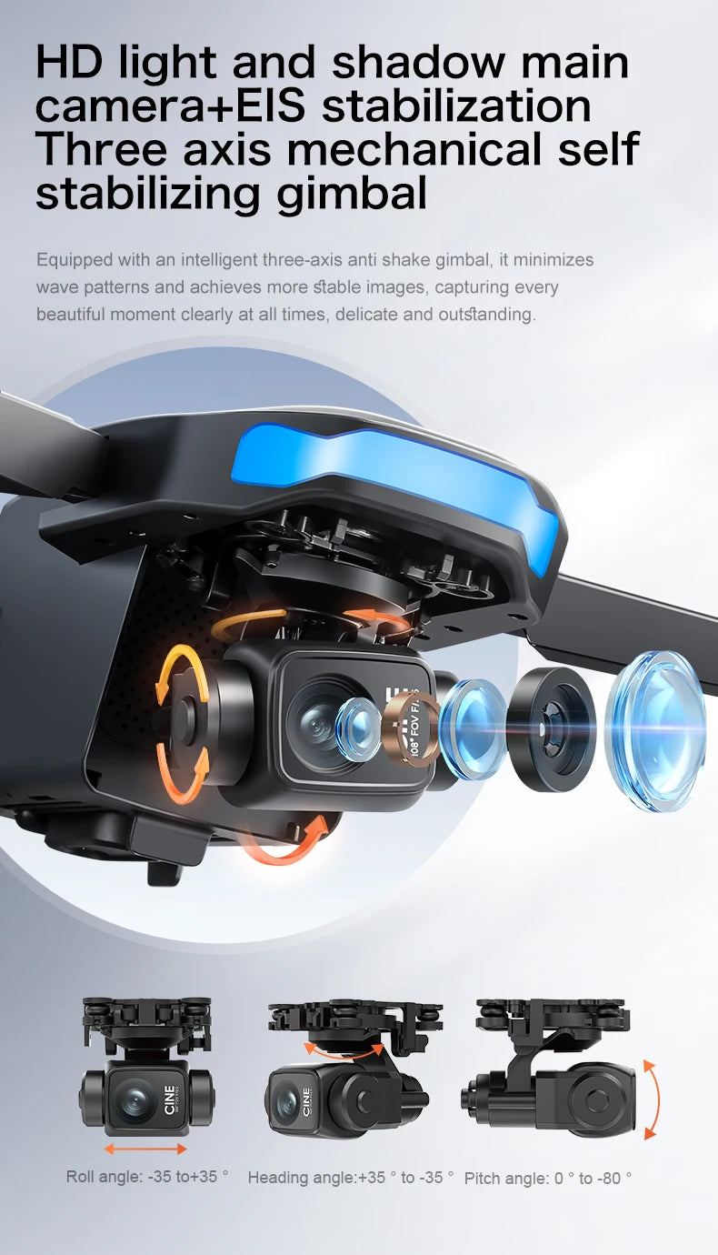 A black HD light and shadow main camera with a three axis mechanical self stabilizing gimbal mounted on a drone.