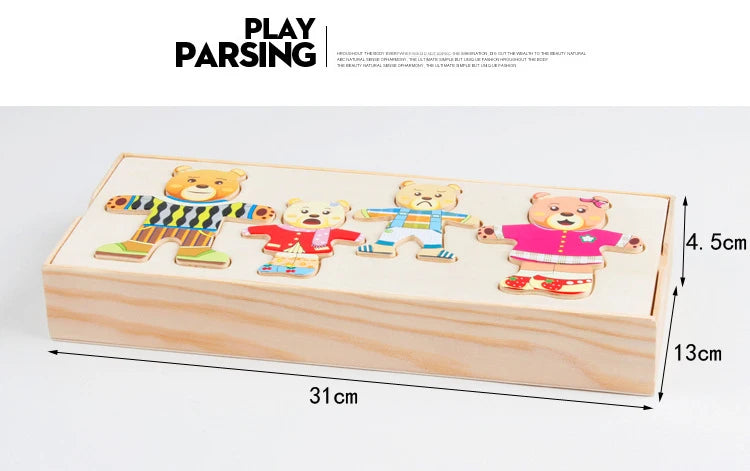 A wooden puzzle set featuring four bear figures in various outfits for children.