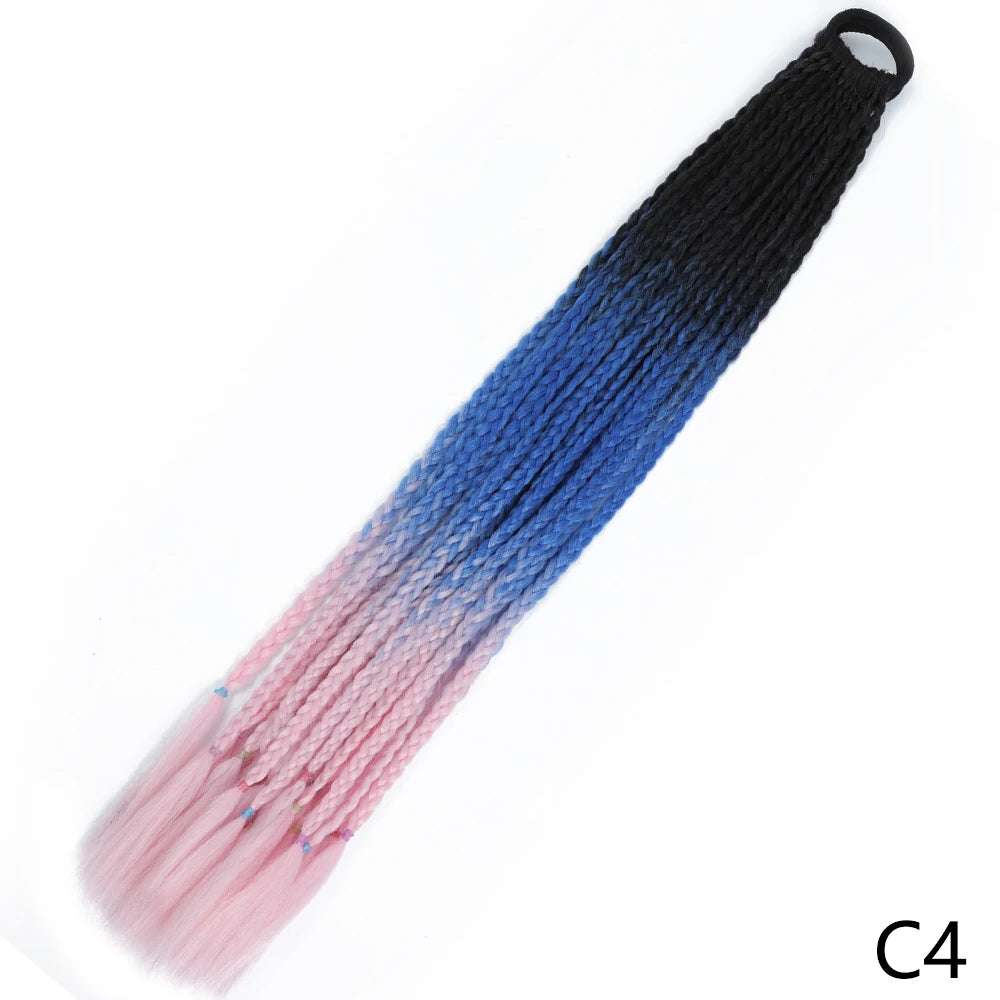 A pre-braided ponytail extension featuring a gradient color transition from pink to blue to black.