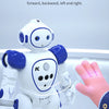 A white interactive robot is shown with a hand gesture, demonstrating gesture sensing control.