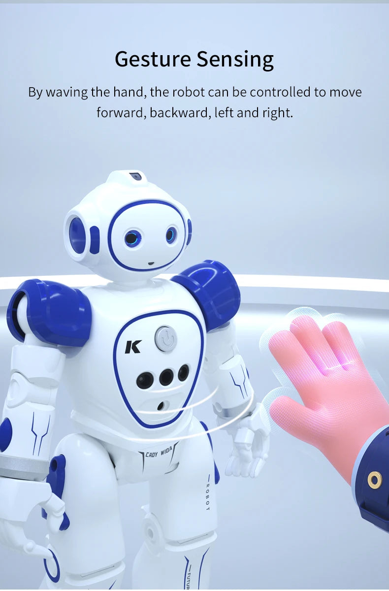 A white interactive robot is shown with a hand gesture, demonstrating gesture sensing control.