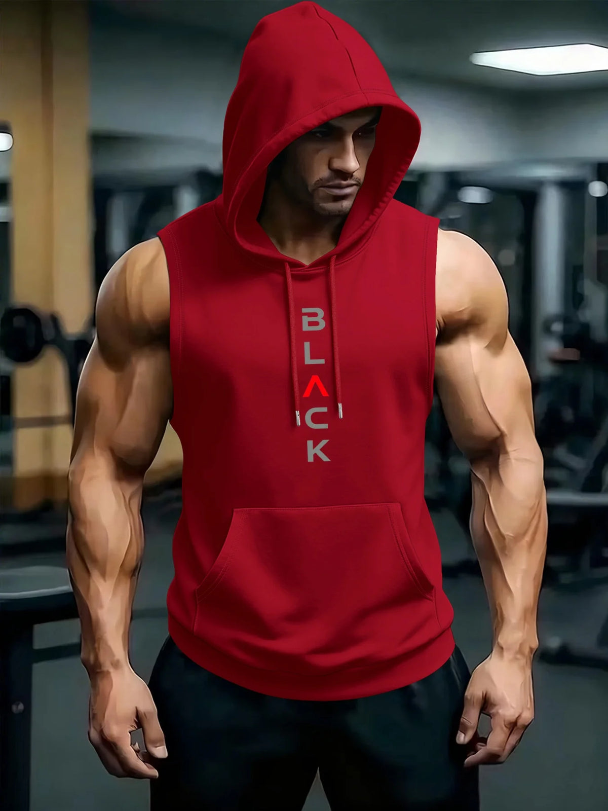 A muscular man wearing a red hooded tank top stands in a gym setting.