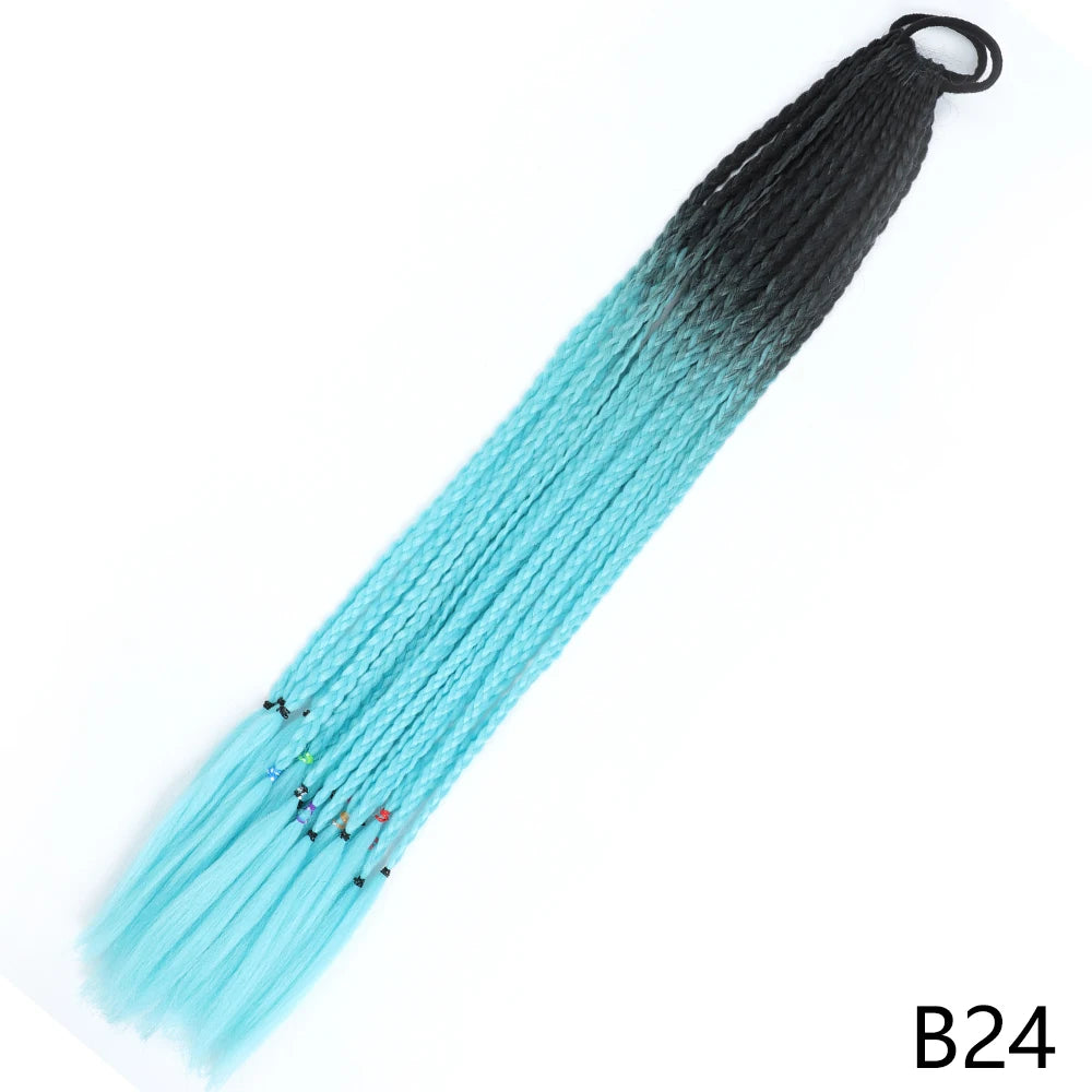 A long hair extension featuring a gradient color transition from light turquoise to black, attached to an elastic band.