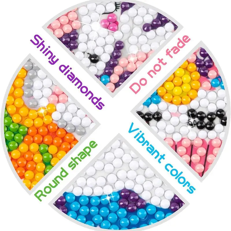 Diamond painting stickers showing various colors and shapes like shiny diamonds, round shapes, and vibrant colors.