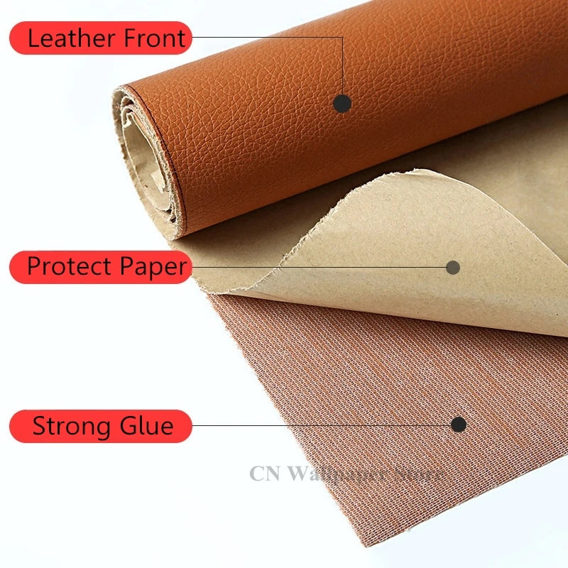 Rollos de parches autoadhesivos para reparar cuero: capa de cuero, papel protector y pegamento fuerte.