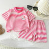 Pink and white striped cotton-blend short set for kids featuring a collared tee and matching shorts.