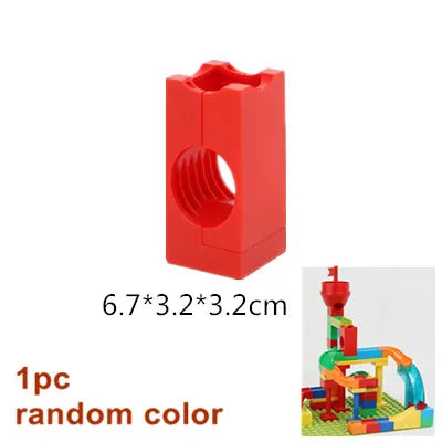 A single red marble run building block piece with a funnel shape and track component.