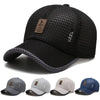 Black mesh baseball cap with a leather patch logo shown from the top and side views.