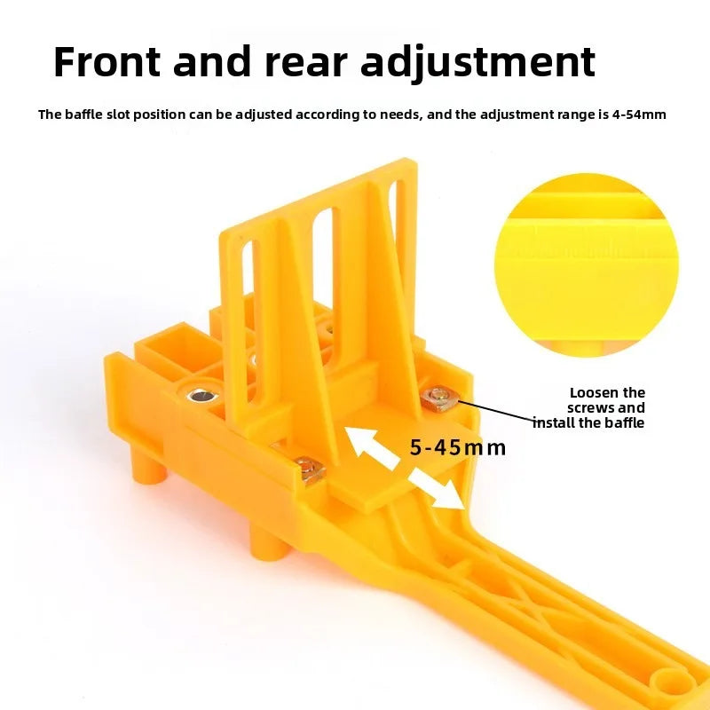 Yellow adjustable woodworking dowel drilling guide showing how to loosen screws and install the baffle slot