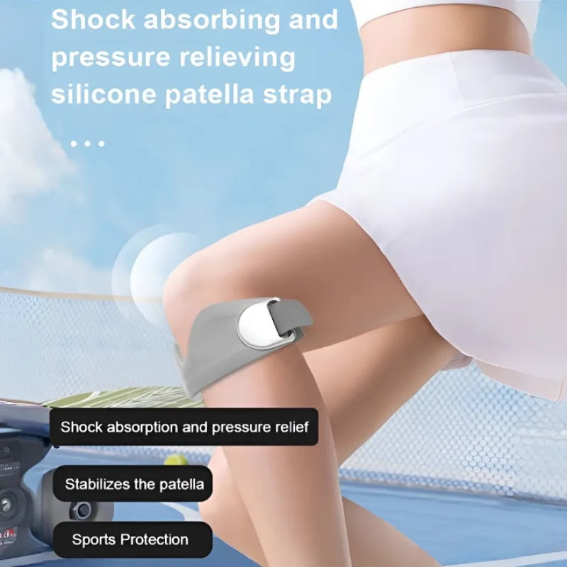 Gros plan d'une sangle patellaire en silicone sur un genou, montrant l'absorption des chocs et le soulagement de la pression