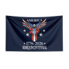 Mørkblått flagg med teksten AMERICA og grafisk design som feirer 250-årsjubileet Semiquincentennial fra 17