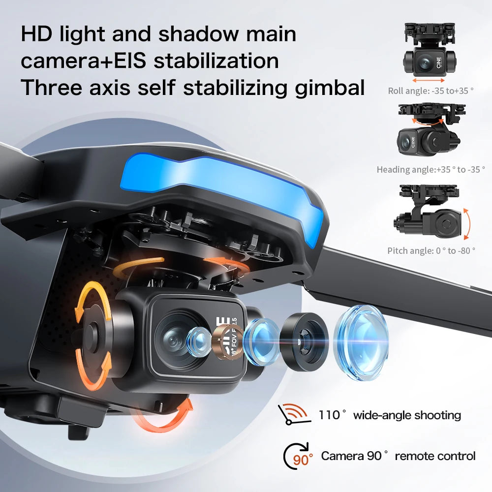 A close-up view of an HD light and shadow main camera with EIS stabilization on a gimbal setup for video shooting.