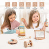 A set of wooden musical instruments for children including a tambourine, maracas, and rhythm training tools.