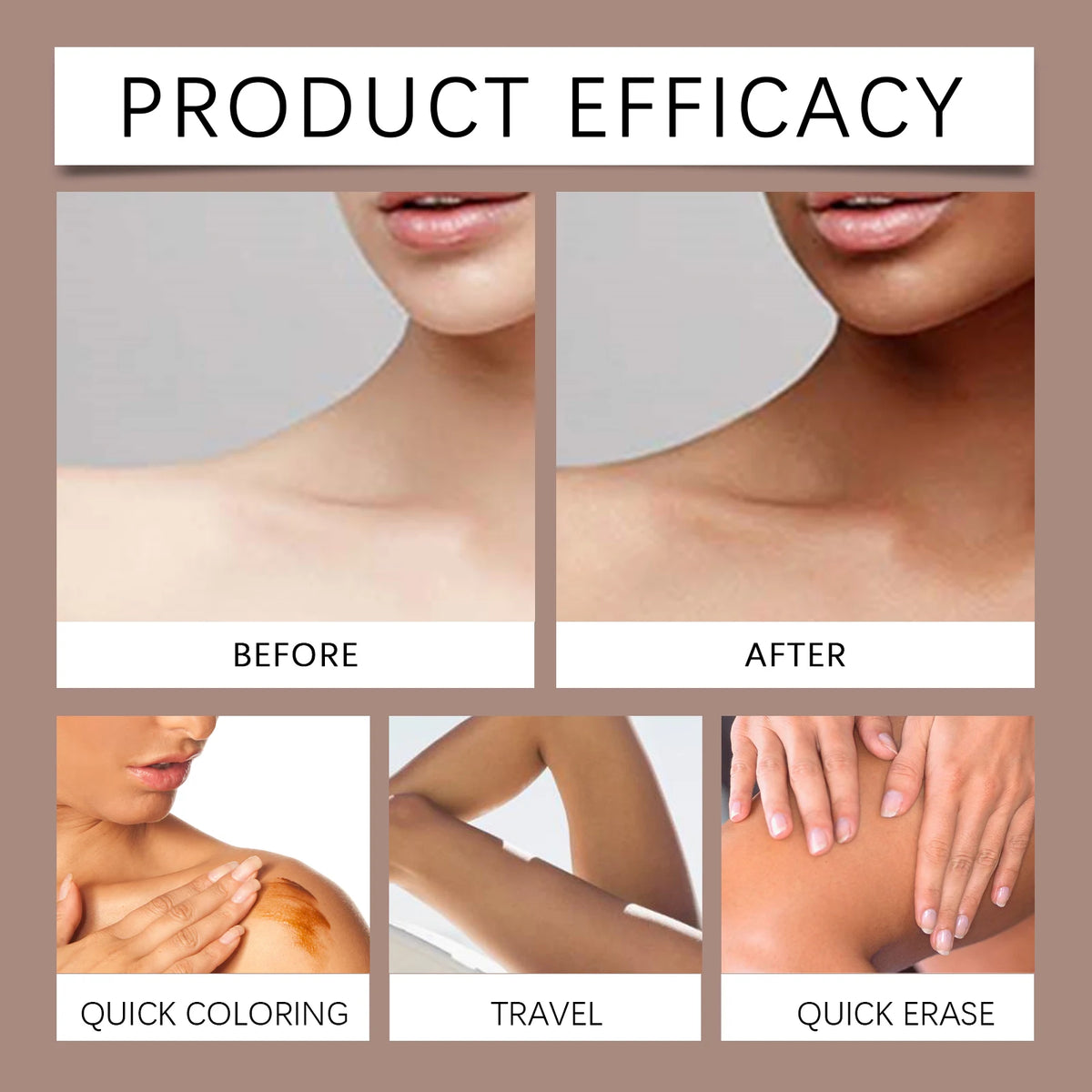Before and after images showing the product's effect on skin, demonstrating quick coloring, travel use, and quick erase.