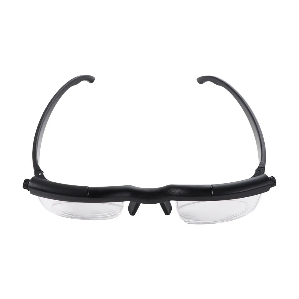 A pair of black adjustable focus reading and distance glasses with clear lenses.