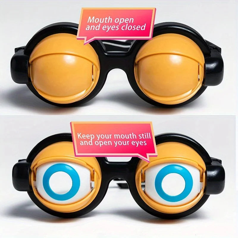 A pair of novelty glasses with yellow lenses, designed to keep the mouth open and eyes closed.