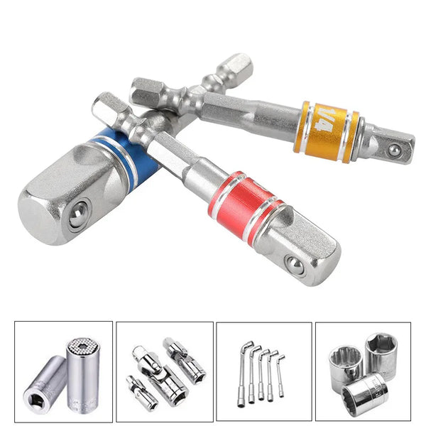 A set of hex shank drill bit socket adapters including various sizes and types.