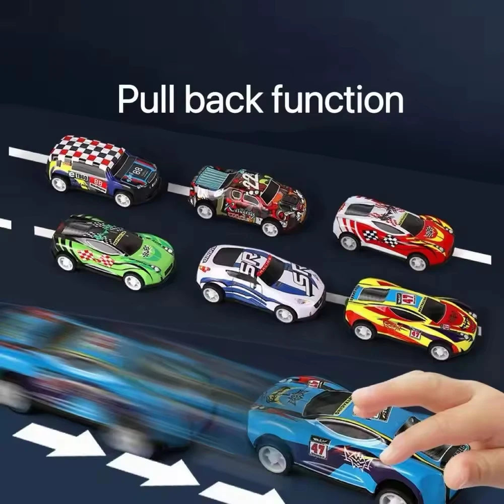 A collection of diecast pull-back cars in various colors and designs being pulled back by a hand.