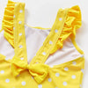 Yellow one-piece swimsuit for a child with ruffled trim and polka dots