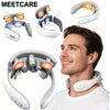 A man is shown using a white TENS Pulse Neck & Shoulder Massager with Heat device.